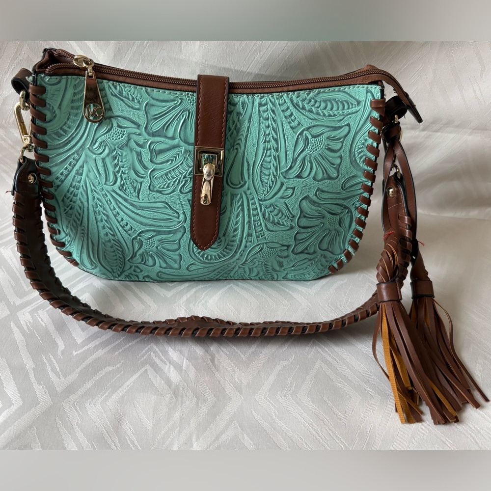 Marc Chantal M.C. Tooled Floral Embossed Shoulder Bag in Teal and Brown